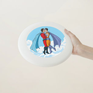 Slipperyjoe's two superheroes kissing characters f Wham-O frisbee
