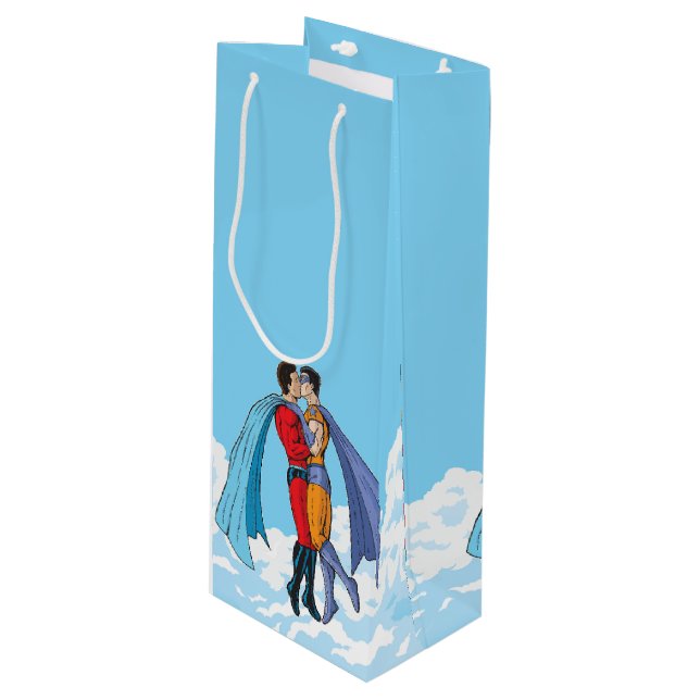 Slipperyjoe's two superheroes kissing characters f wine gift bag (Front Angled)