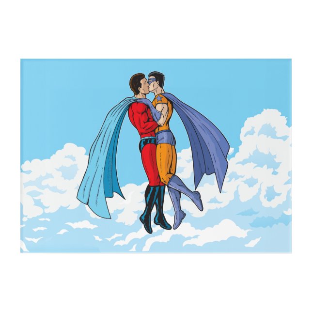 SlipperyJoe's two superheroes kissing flying carto Acrylic Print (Front)