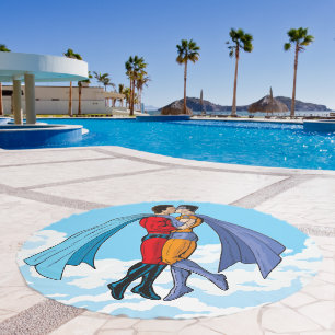 SlipperyJoe's two superheroes kissing flying carto Beach Towel