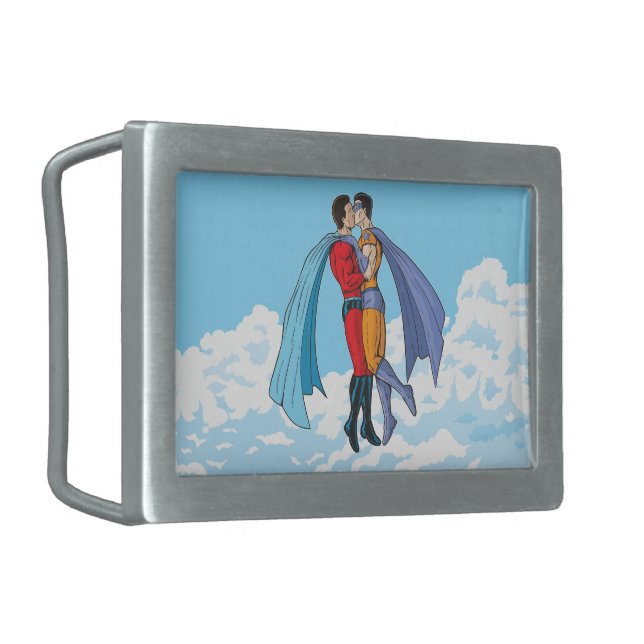 SlipperyJoe's two superheroes kissing flying carto Belt Buckle (Front Left)