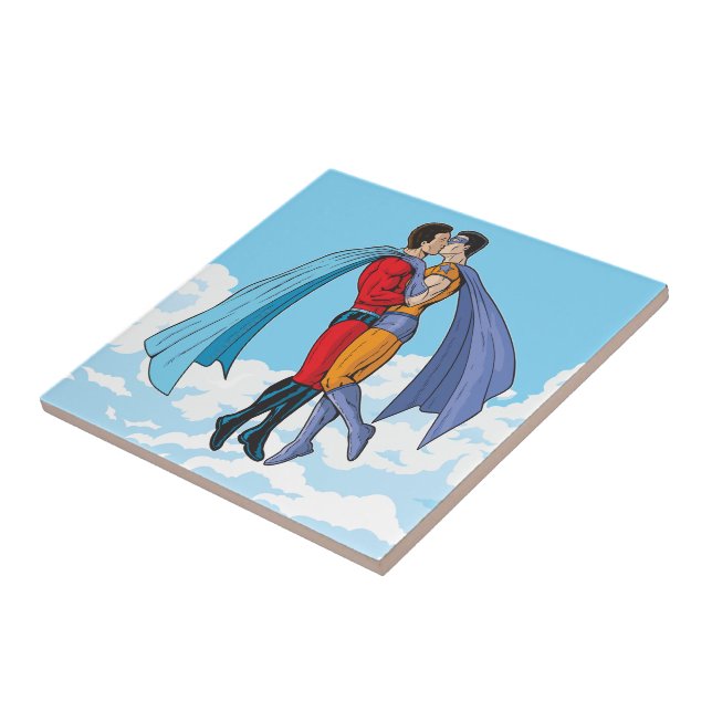 SlipperyJoe's two superheroes kissing flying carto Ceramic Tile (Side)