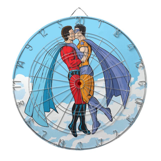 SlipperyJoe's two superheroes kissing flying carto Dart Board (Front)