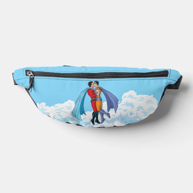 SlipperyJoe's two superheroes kissing flying carto Fanny Pack (Lay Down)