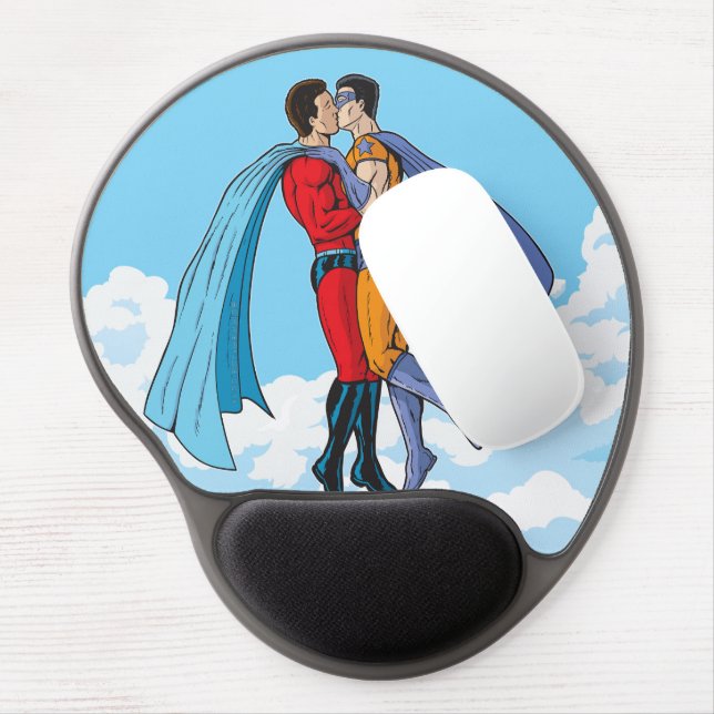 SlipperyJoe's two superheroes kissing flying carto Gel Mouse Pad (Left Side)