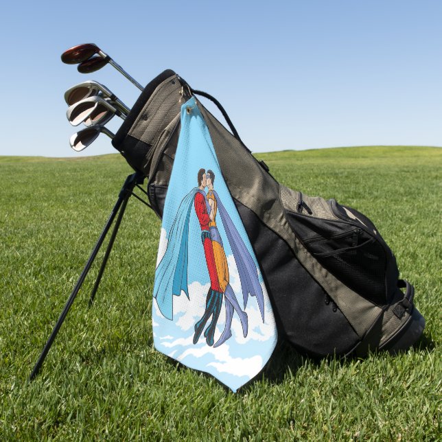 SlipperyJoe's two superheroes kissing flying carto Golf Towel (Green)