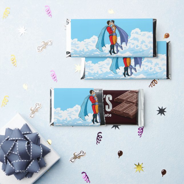 SlipperyJoe's two superheroes kissing flying carto Hershey Bar Favors (Front)
