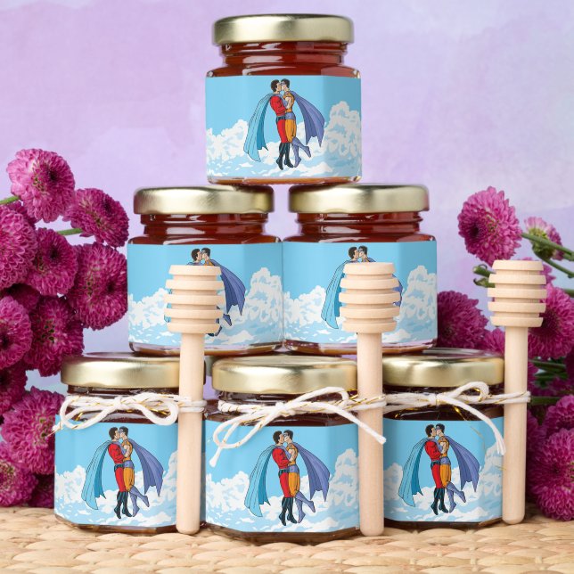 SlipperyJoe's two superheroes kissing flying carto Honey Jar Favors (Insitu)