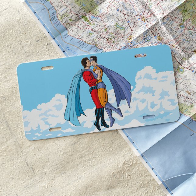 SlipperyJoe's two superheroes kissing flying carto License Plate (In Situ)