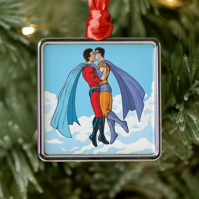 SlipperyJoe's two superheroes kissing flying carto Metal Ornament (Tree)