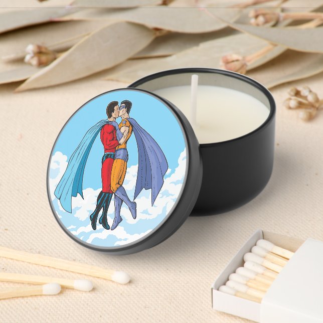 SlipperyJoe's two superheroes kissing flying carto Mini Candle Favors (Insitu)