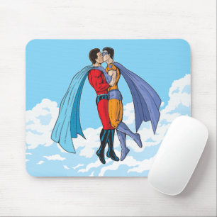 SlipperyJoe's two superheroes kissing flying carto Mouse Pad