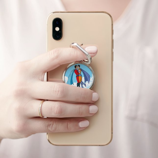 SlipperyJoe's two superheroes kissing flying carto Phone Ring Stand (In Situ)