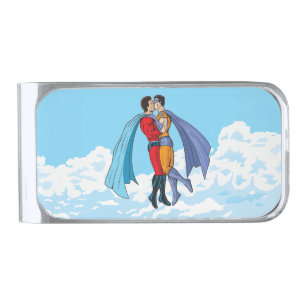 SlipperyJoe's two superheroes kissing flying carto Silver Finish Money Clip