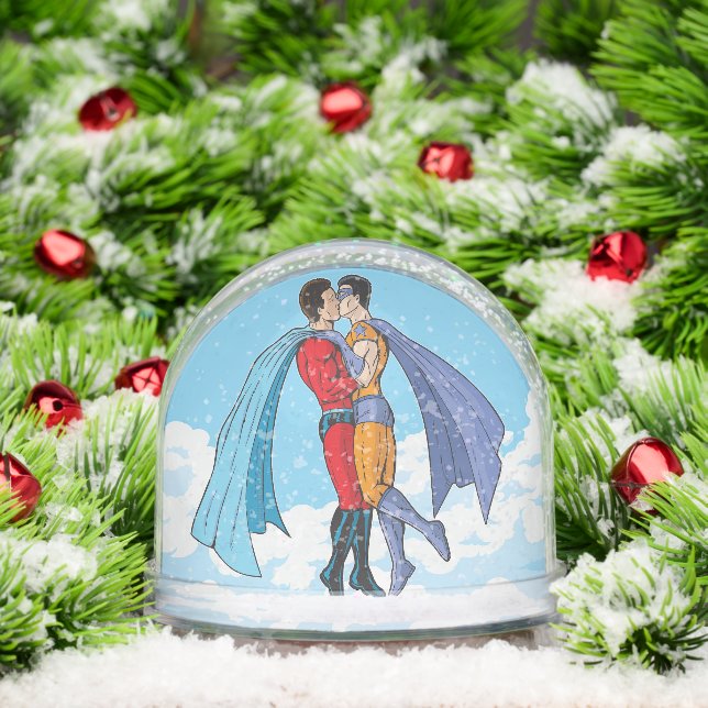 SlipperyJoe's two superheroes kissing flying carto Snow Globe (Christmas)