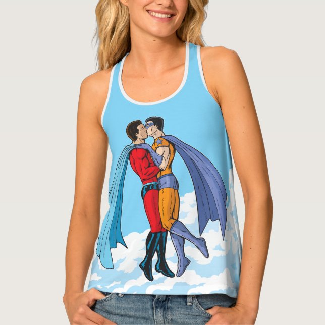 SlipperyJoe's two superheroes kissing flying carto Tank Top (Front)