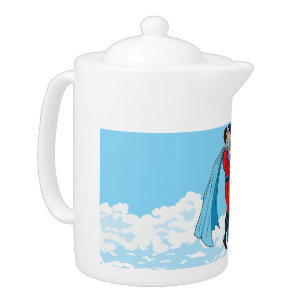 SlipperyJoe's two superheroes kissing flying carto Teapot