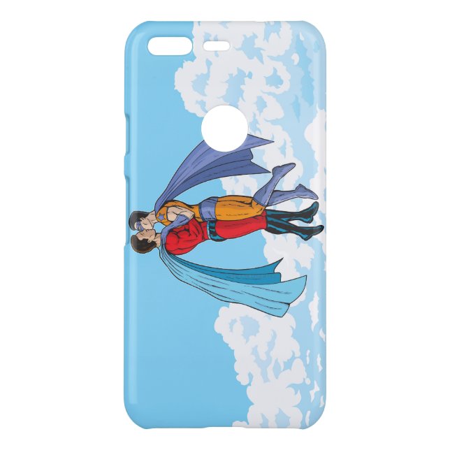 SlipperyJoe's two superheroes kissing flying carto Uncommon Google Pixel Case (Back)