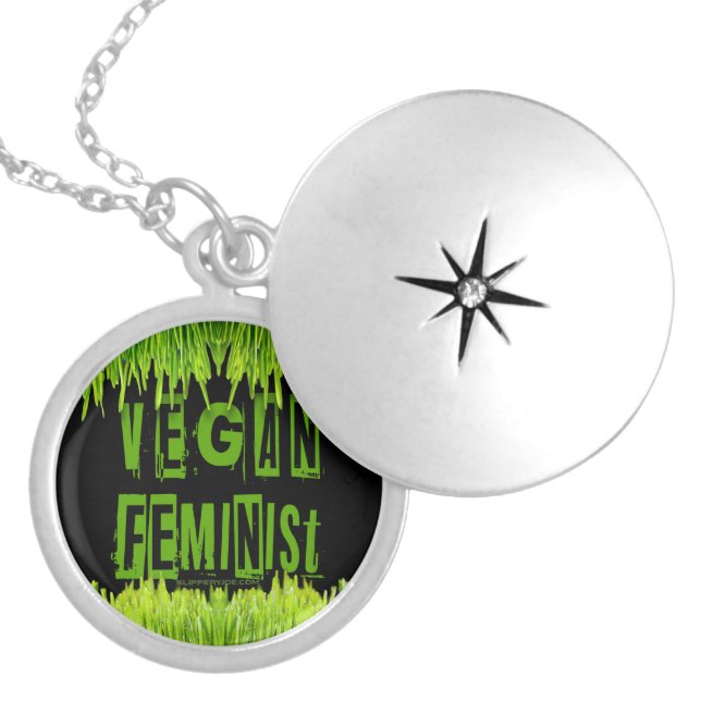 SlipperyJoe's Vegan feminist grass word block lett Locket Necklace (Front)