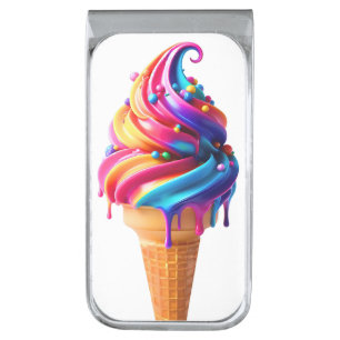 SlipperyJoe's vibrant ice cream cone food classic Silver Finish Money Clip