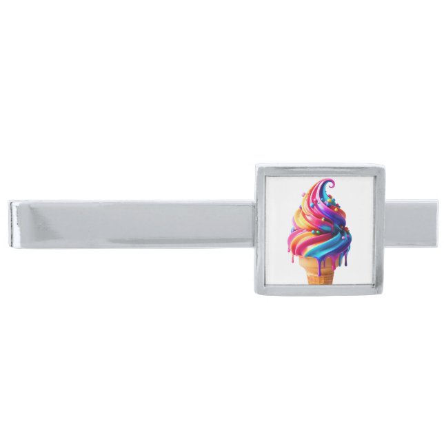 SlipperyJoe's vibrant ice cream cone food classic  Silver Finish Tie Bar (Front)