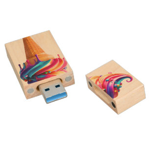SlipperyJoe's vibrant ice cream cone food classic  Wood Flash Drive