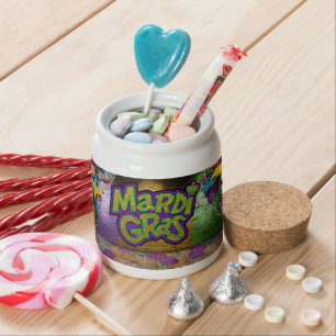 SlipperyJoe's vibrant Mardi Gras graphic classic C Candy Jar
