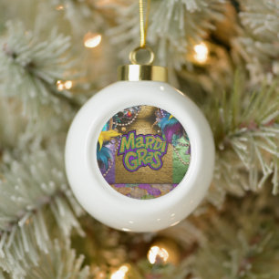 SlipperyJoe's vibrant Mardi Gras graphic classic C Ceramic Ball Christmas Ornament