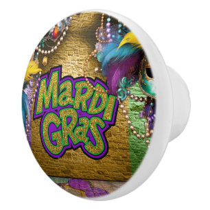 SlipperyJoe's vibrant Mardi Gras graphic classic C Ceramic Knob