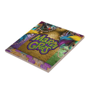 SlipperyJoe's vibrant Mardi Gras graphic classic C Ceramic Tile