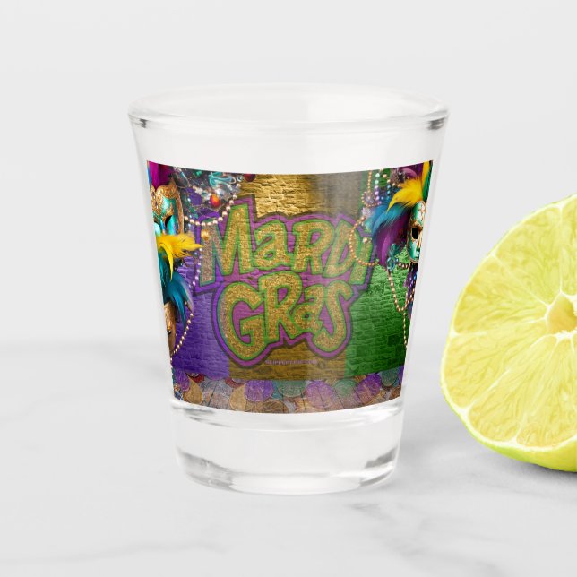 SlipperyJoe's vibrant Mardi Gras graphic classic C Shot Glass (Front)