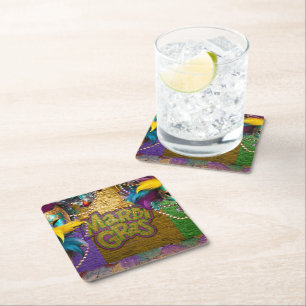 SlipperyJoe's vibrant Mardi Gras graphic classic C Square Paper Coaster