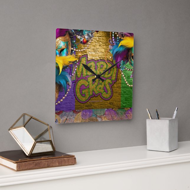 SlipperyJoe's vibrant Mardi Gras graphic classic C Square Wall Clock (Office)