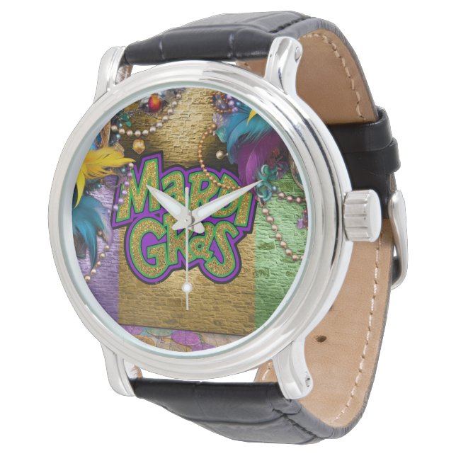 SlipperyJoe's vibrant Mardi Gras graphic classic C Watch (Angled)