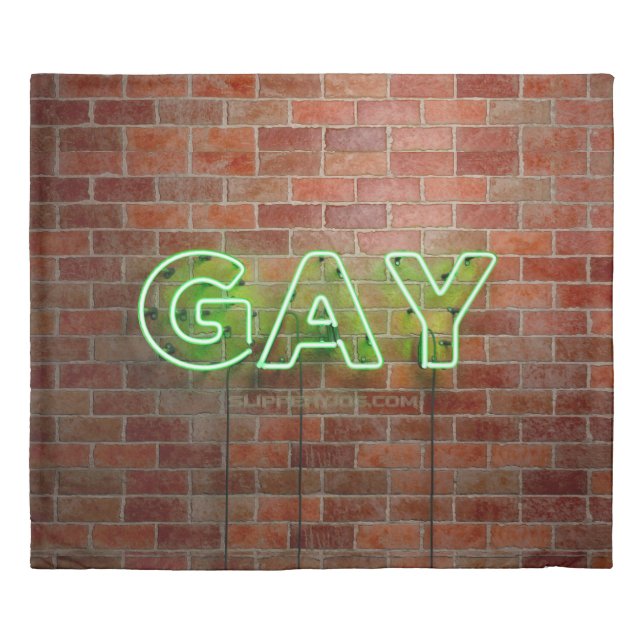 SlipperyJoe's vibrant neon gay sign green bricks w Duvet Cover (Front)