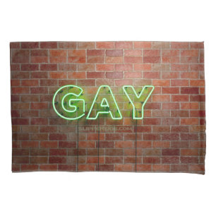 SlipperyJoe's vibrant neon gay sign green bricks w Pillow Case