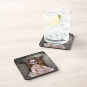 SlipperyJoe's vintage haunted porcelain doll creep Beverage Coaster
