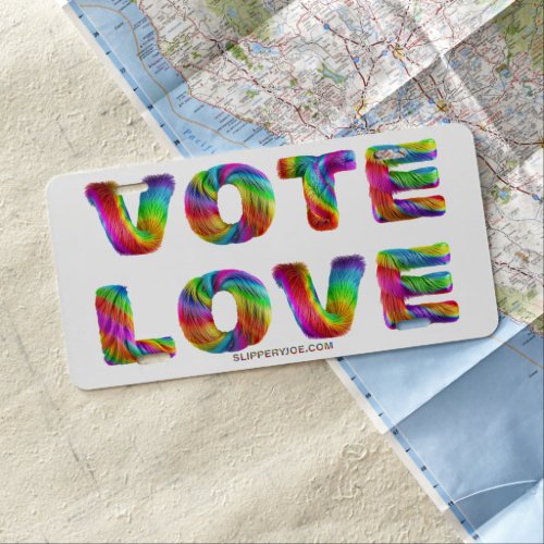 SlipperyJoes vote love equality gay pride gifts L License Plate