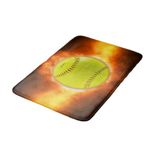 SlipperyJoe's yellow softball fireball flames rasp Bath Mat