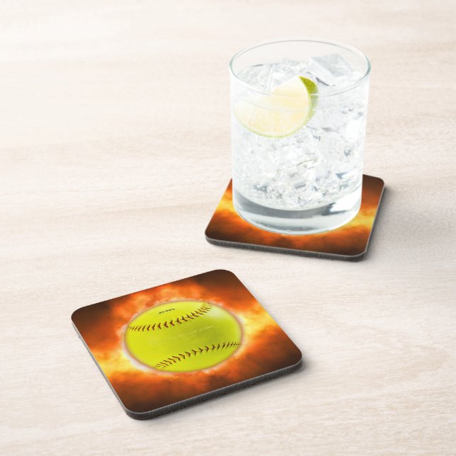 SlipperyJoe's yellow softball fireball flames rasp Beverage Coaster (Right Side)