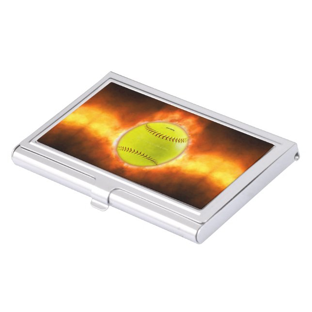 SlipperyJoe's yellow softball fireball flames rasp Business Card Case (Front)