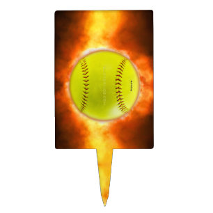 SlipperyJoe's yellow softball fireball flames rasp Cake Topper