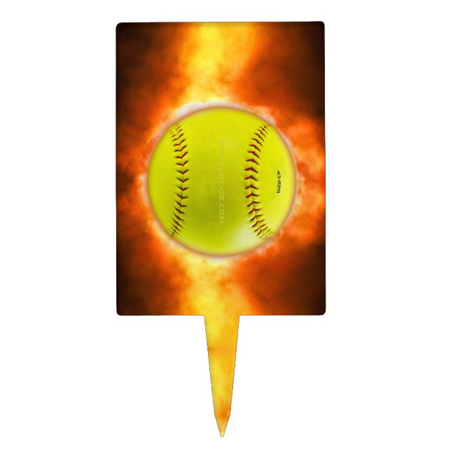 SlipperyJoe's yellow softball fireball flames rasp Cake Topper (Front)