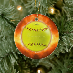 SlipperyJoe's yellow softball fireball flames rasp Ceramic Ornament