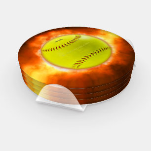 SlipperyJoe's yellow softball fireball flames rasp Coaster Set