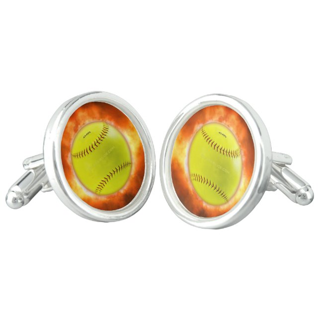 SlipperyJoe's yellow softball fireball flames rasp Cufflinks (Angled)