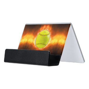 SlipperyJoe's yellow softball fireball flames rasp Desk Business Card Holder