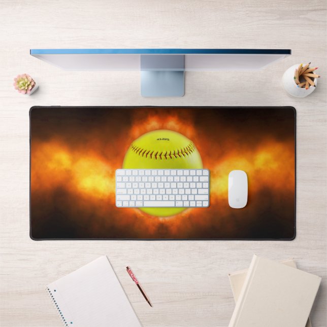 SlipperyJoe's yellow softball fireball flames rasp Desk Mat (Office 1)