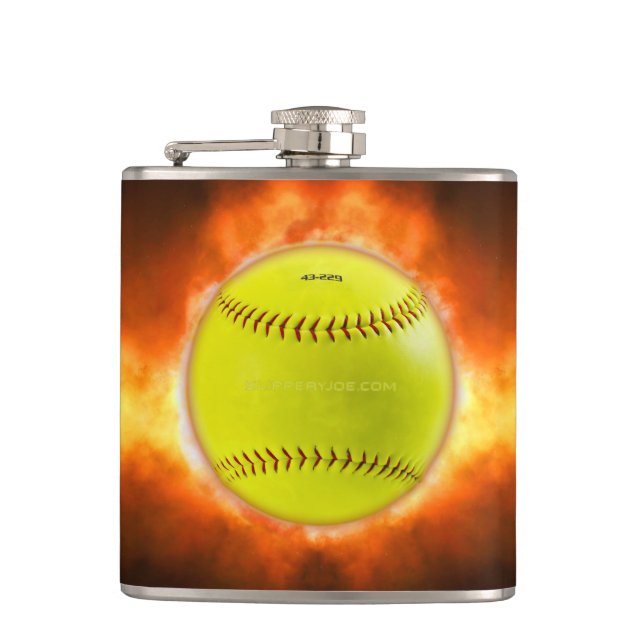 SlipperyJoe's yellow softball fireball flames rasp Flask (Front)