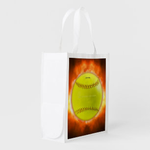 SlipperyJoe's yellow softball fireball flames rasp Grocery Bag